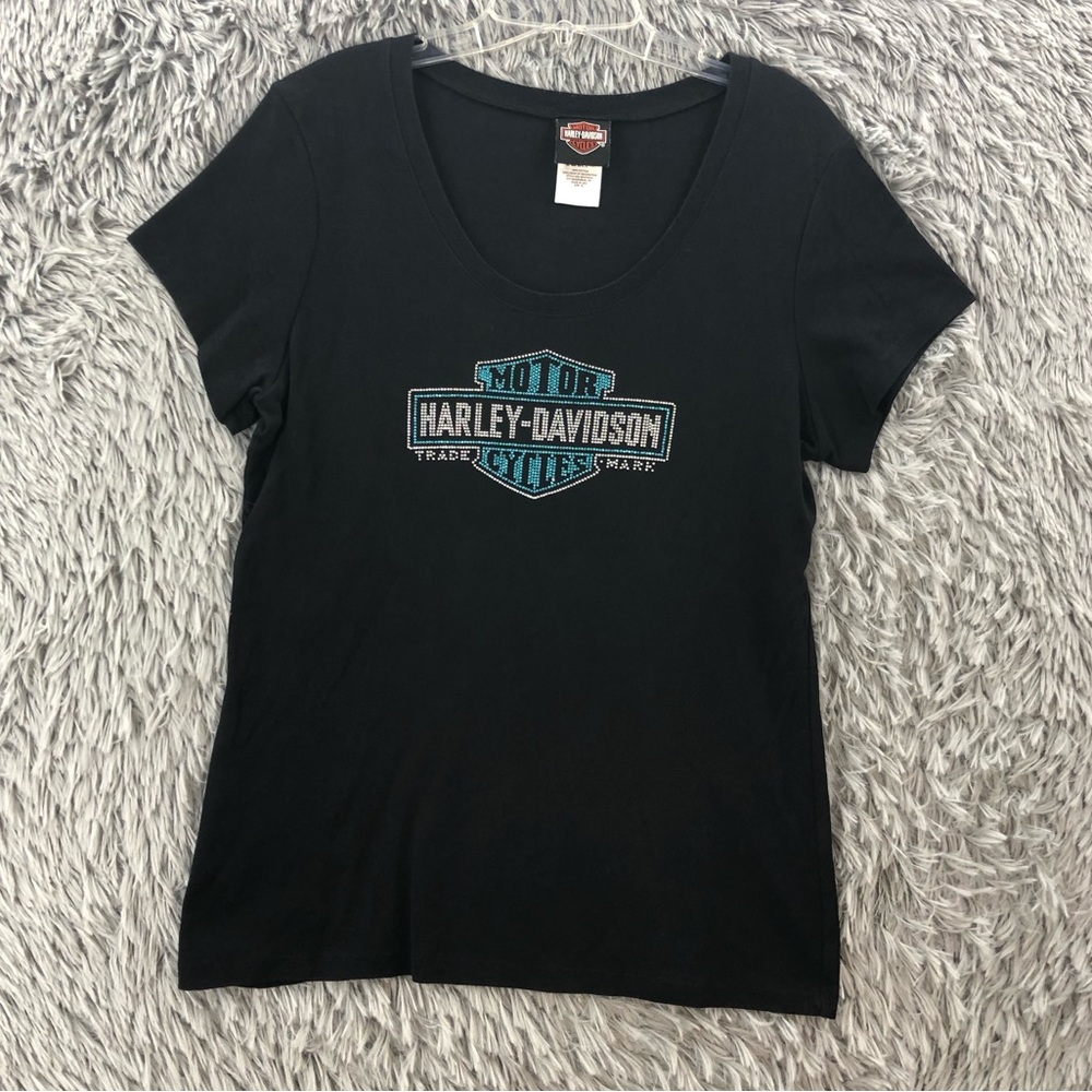 Harley Davidson Tshirt Womens XL Black Embellished Spellout Motorcycle Wisconsin